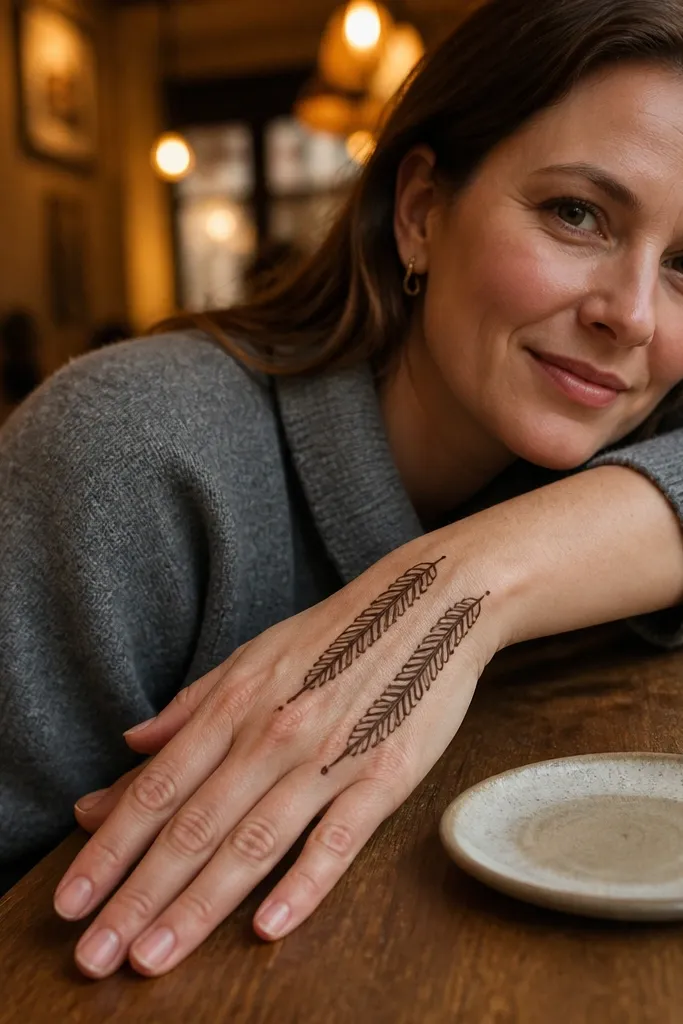Two parallel feather lines across back hand with dot tips