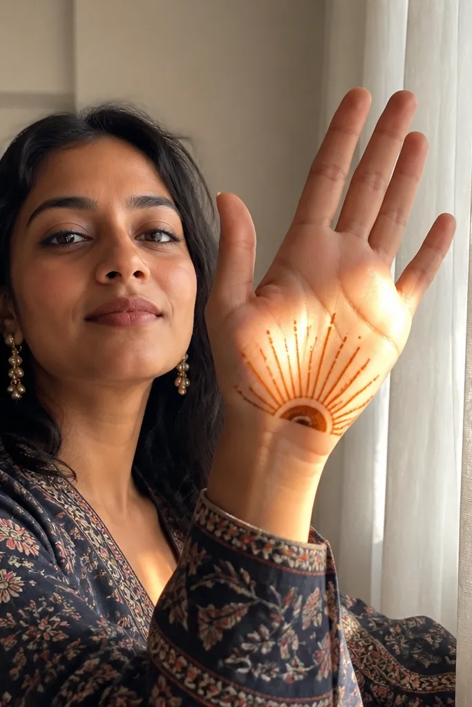 Sunrise rays pattern rising from wrist toward center with dot base