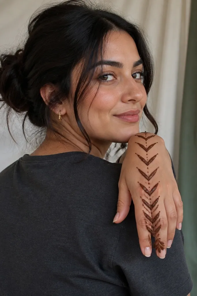 Chevron spine down the back hand with small feather motifs near knuckles