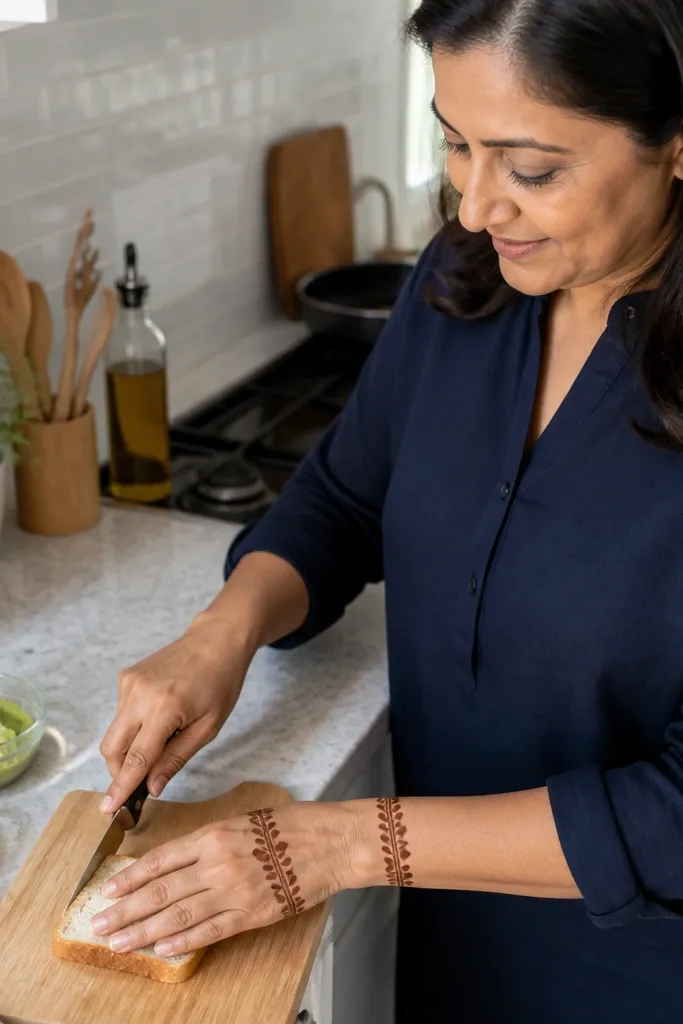 Two horizontal bands across back hand with small leaf tips at edges