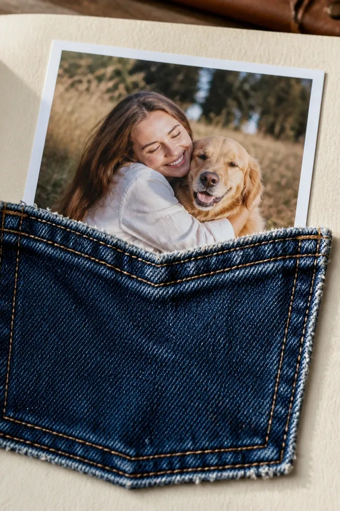 Blue denim pocket with a framed and small stitched details on kraft paper