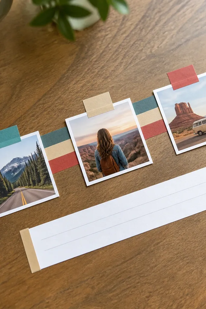 Diagonal washi tape stripes with three tabs and handwritten travel dates