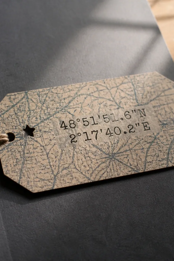 Kraft page with a map-cut tag, stamped coordinates, and a small corner