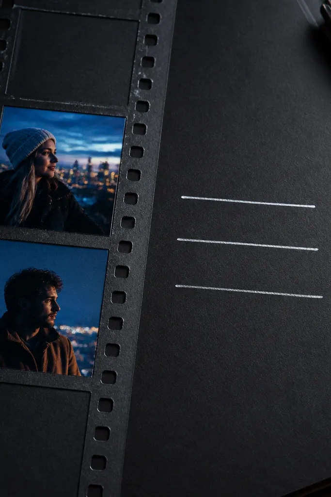 Black background with a diagonal filmstrip, three mini photos, and bright journaling text