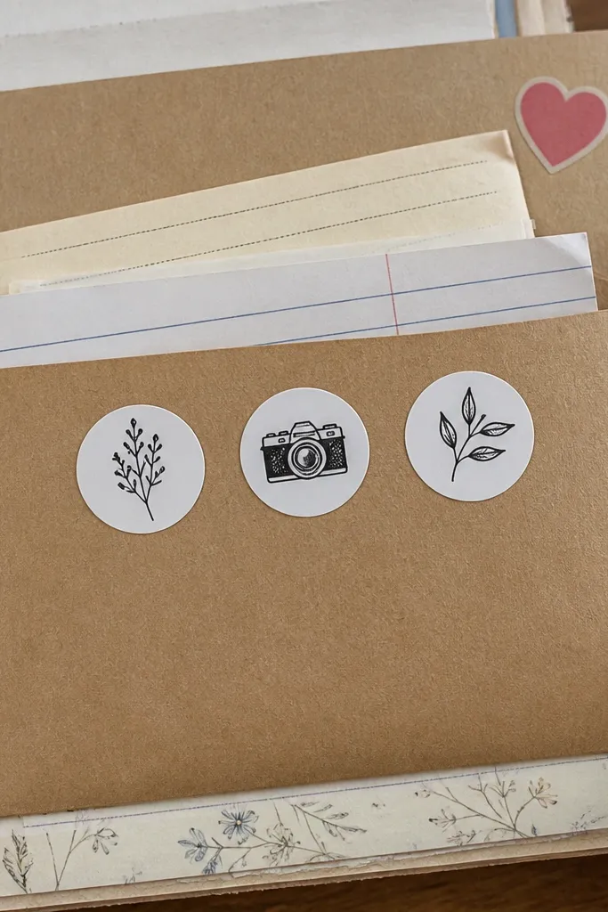 Small paper pocket with sticker labels and a folded note peeking out