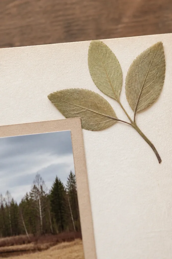 Pressed leaf stuck near a corner on cream cardstock with a handwritten date