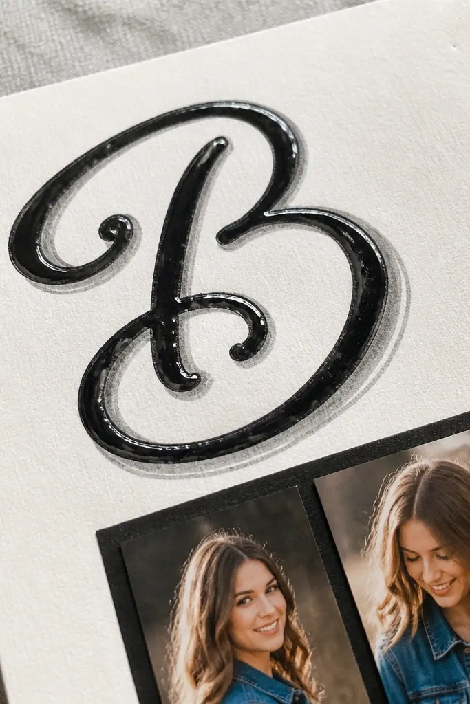 Large monogram in the corner with hand-drawn shadow lines and a strip