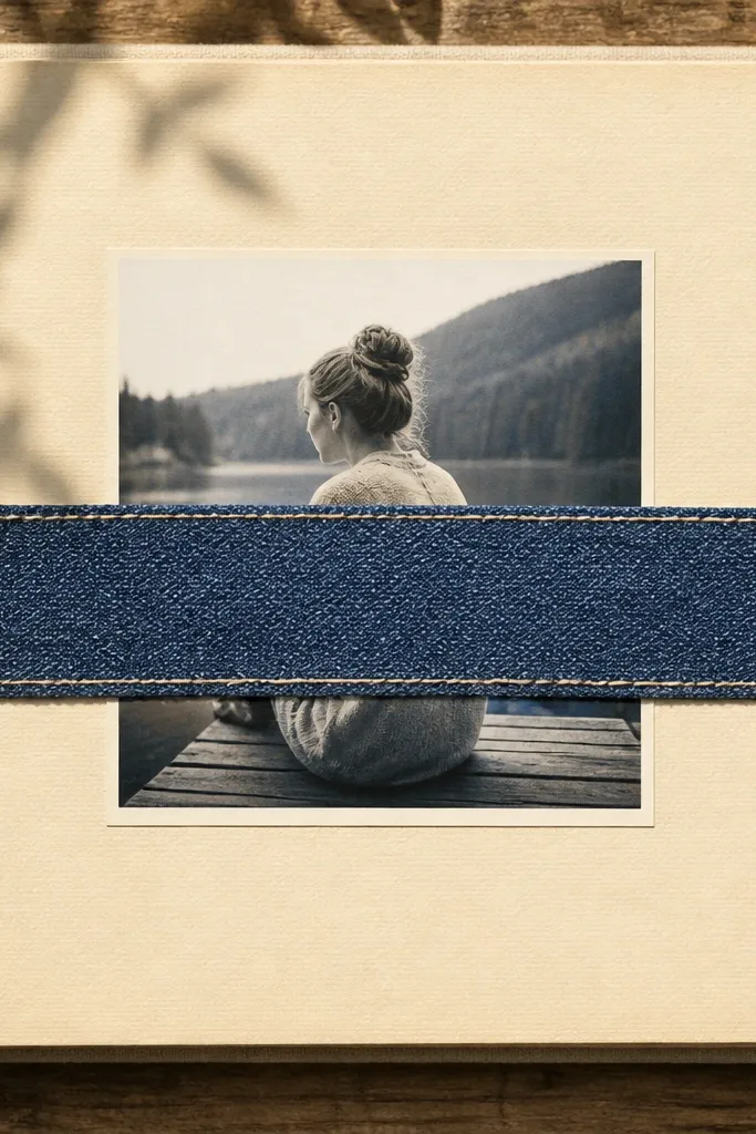 Fabric strip banner with visible thread stitches and a centered