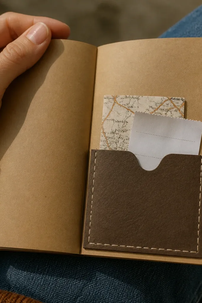 Mini wallet pocket holding a folded note, with a stitched edge and a small corner