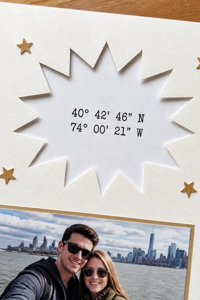 Starburst cutout with coordinates and tiny star stickers around a centered