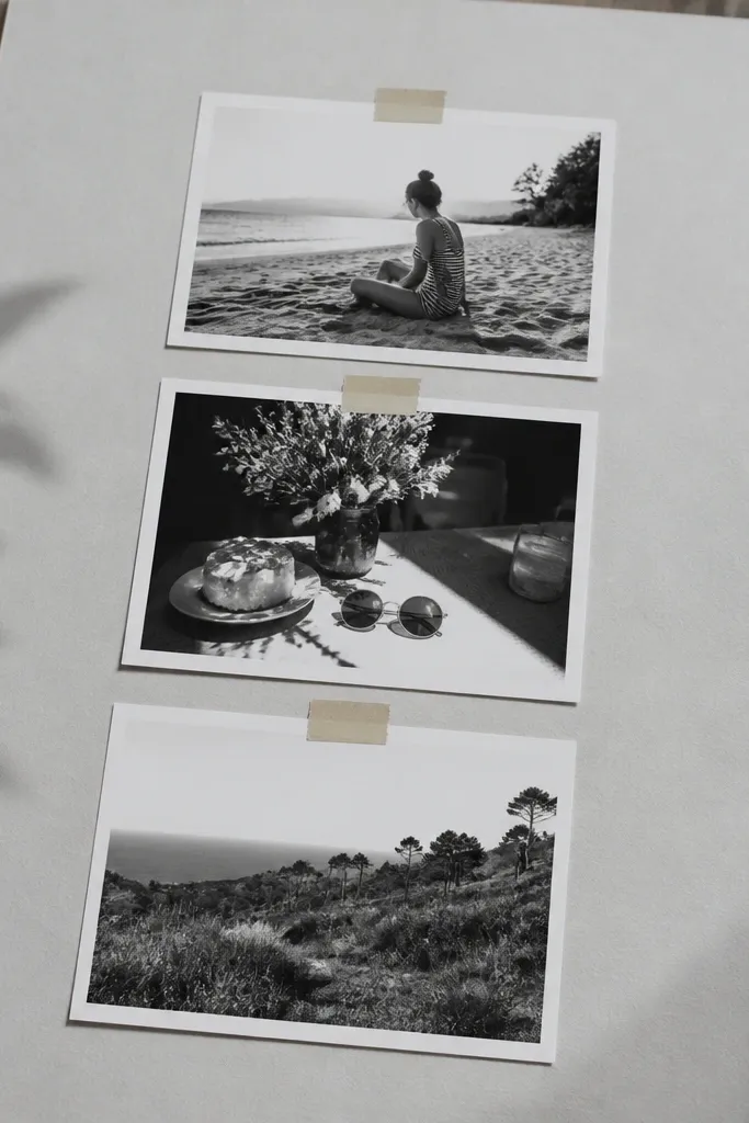 Three black-and-white photos on a strip with a washi tape hinge and a short caption
