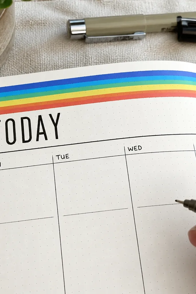 Colorful rainbow stripe header above a checklist with black block letters