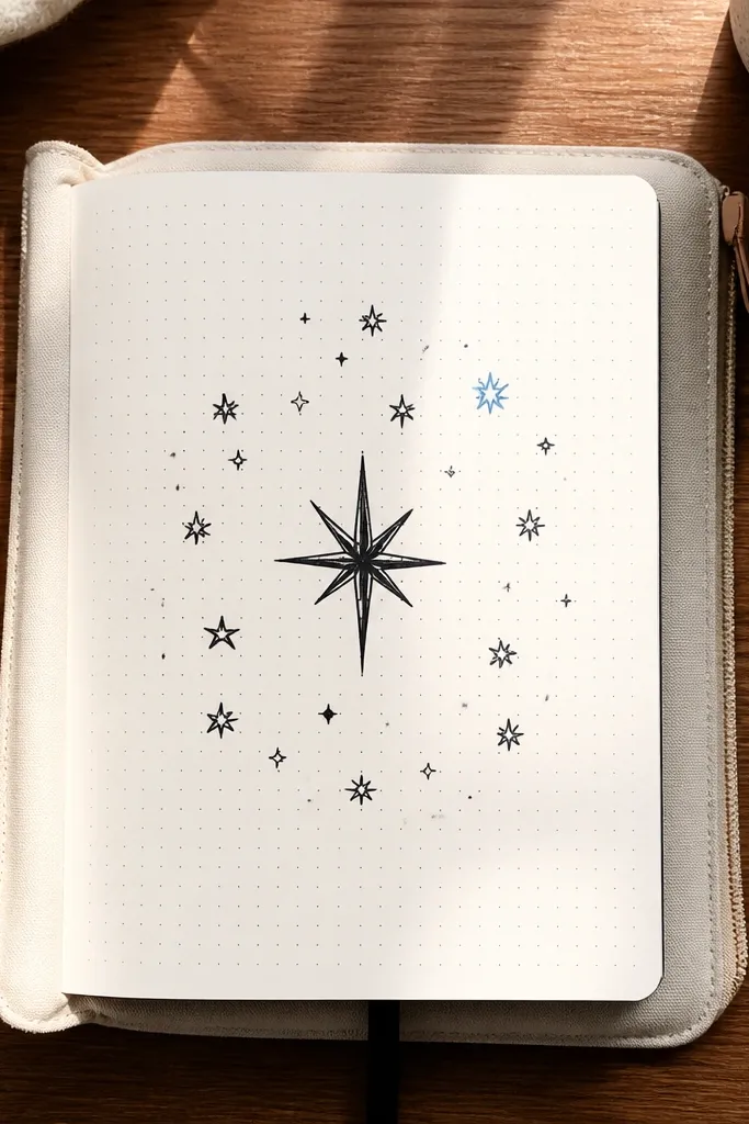 Black center title with small stars spaced around it and a simple list below
