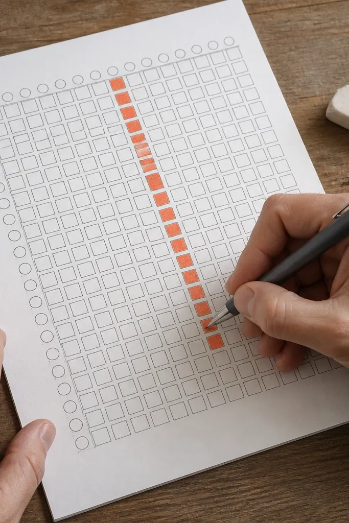 A neat thin-line box grid with one colored box counter marking progress