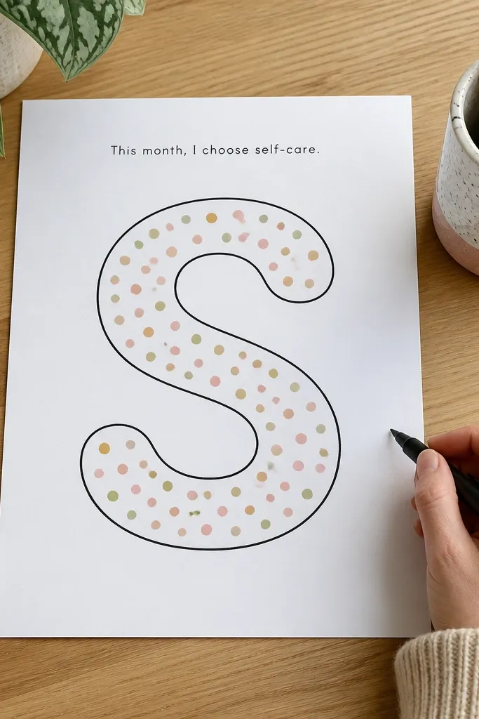 A big outline letter title with small confetti dots around it and a short tracker list