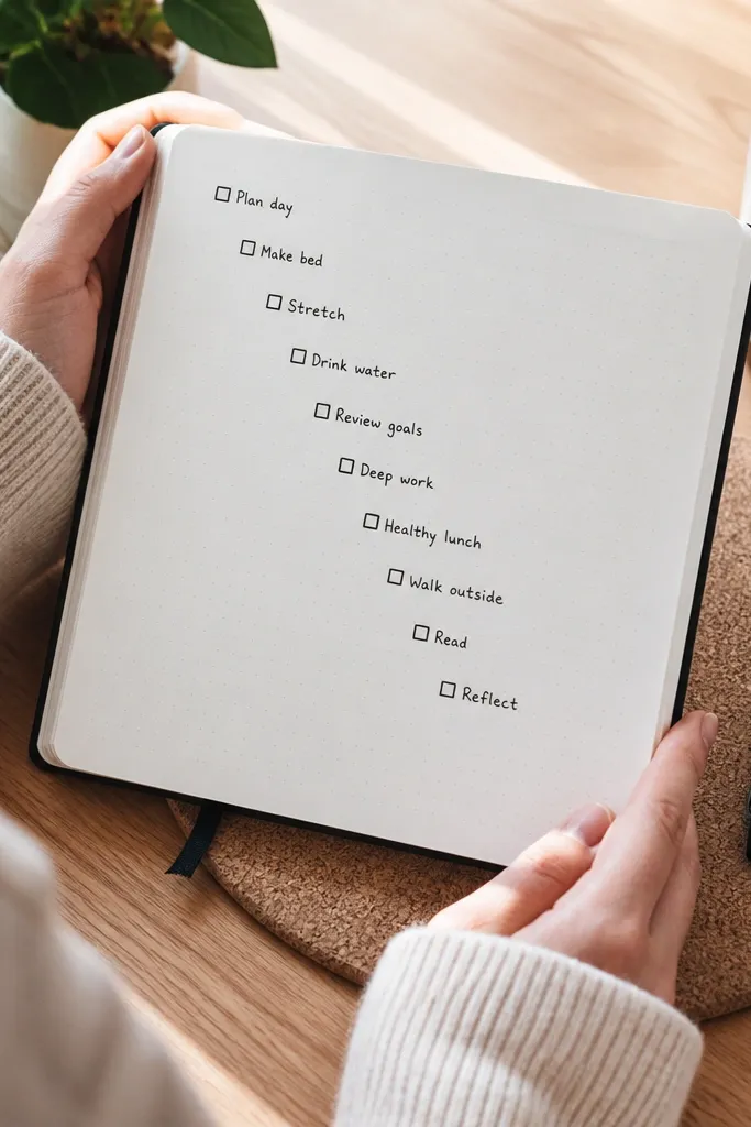 Checklist boxes arranged like small steps with a bold header