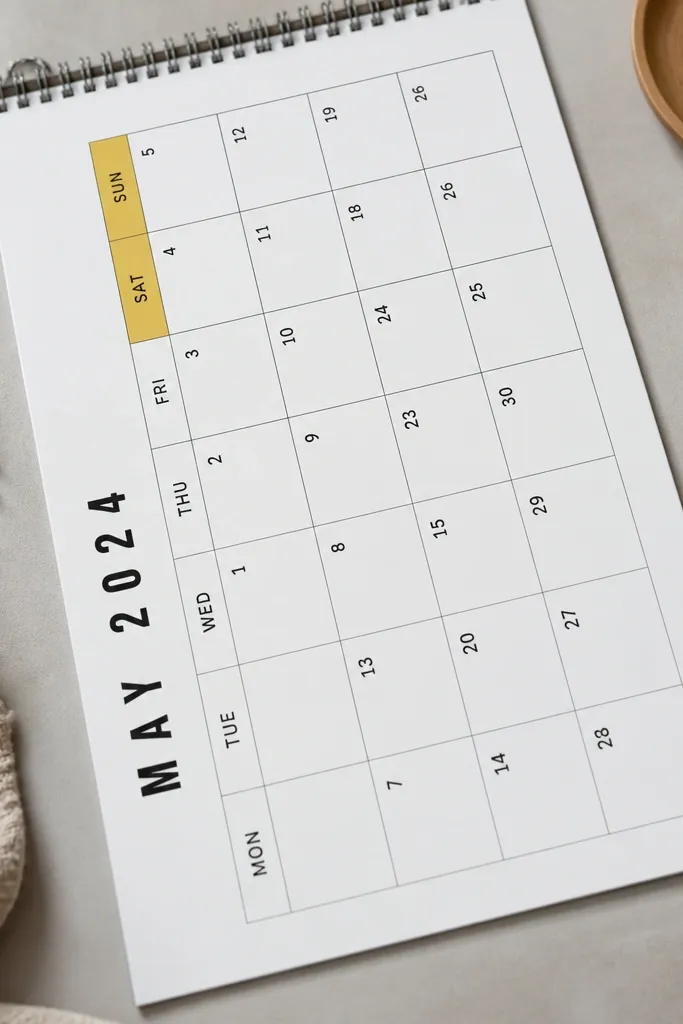 Rotated calendar grid with a month title and small date squares