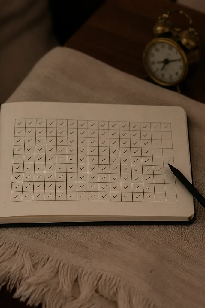 Habit tracker grid with small check icons filling cells by date
