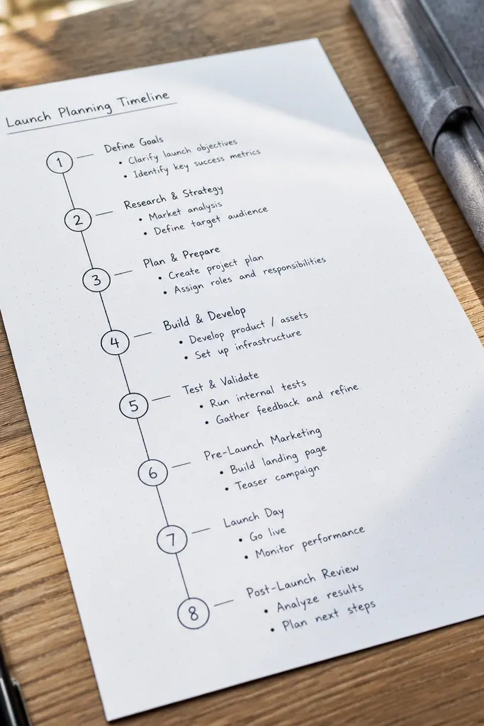 A horizontal timeline with numbered checkpoints and short bullet notes