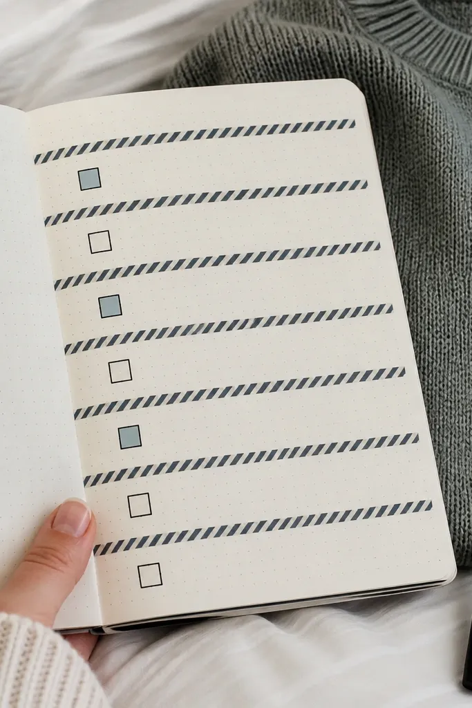 Checklist rows with washi stripe separators and alternating filled boxes in one color