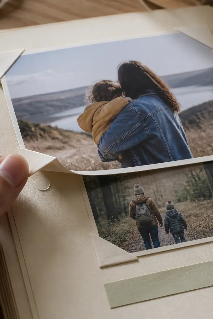 Two photos tucked under triangular paper corners with a handwritten caption