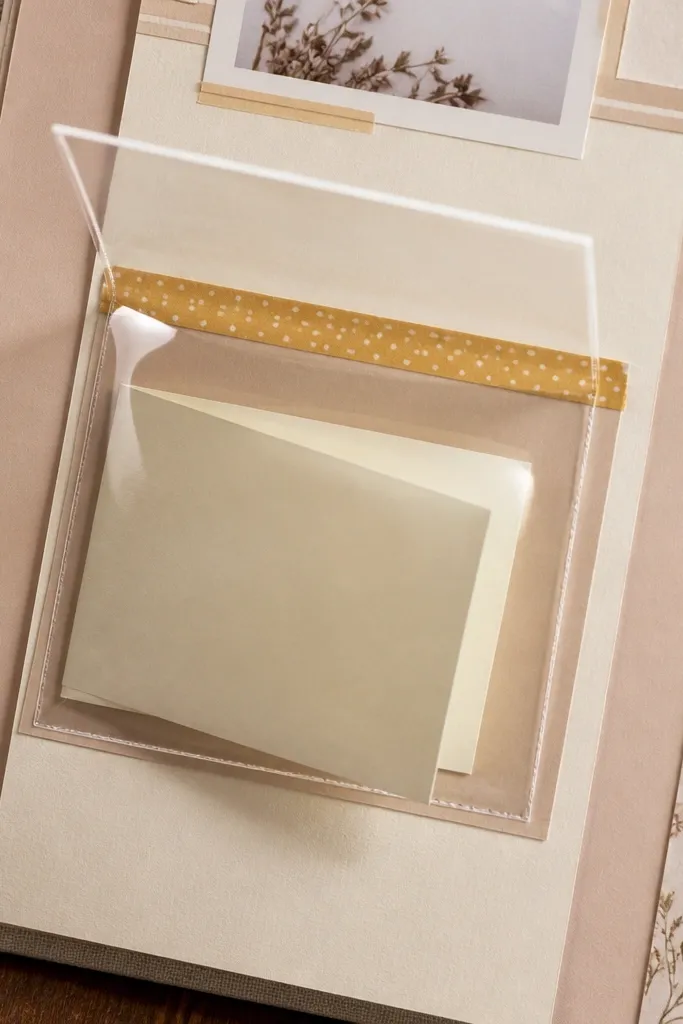 A clear pocket with a inside and a folded ticket behind it