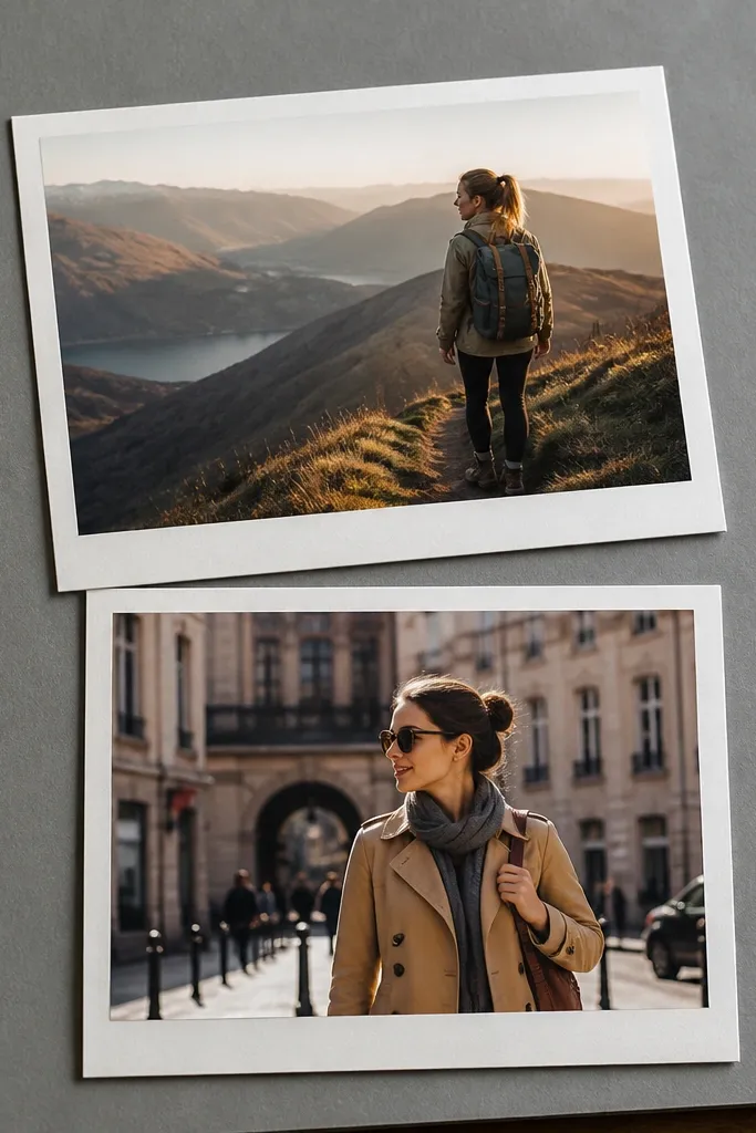 Two stacked photos with paper borders and date text