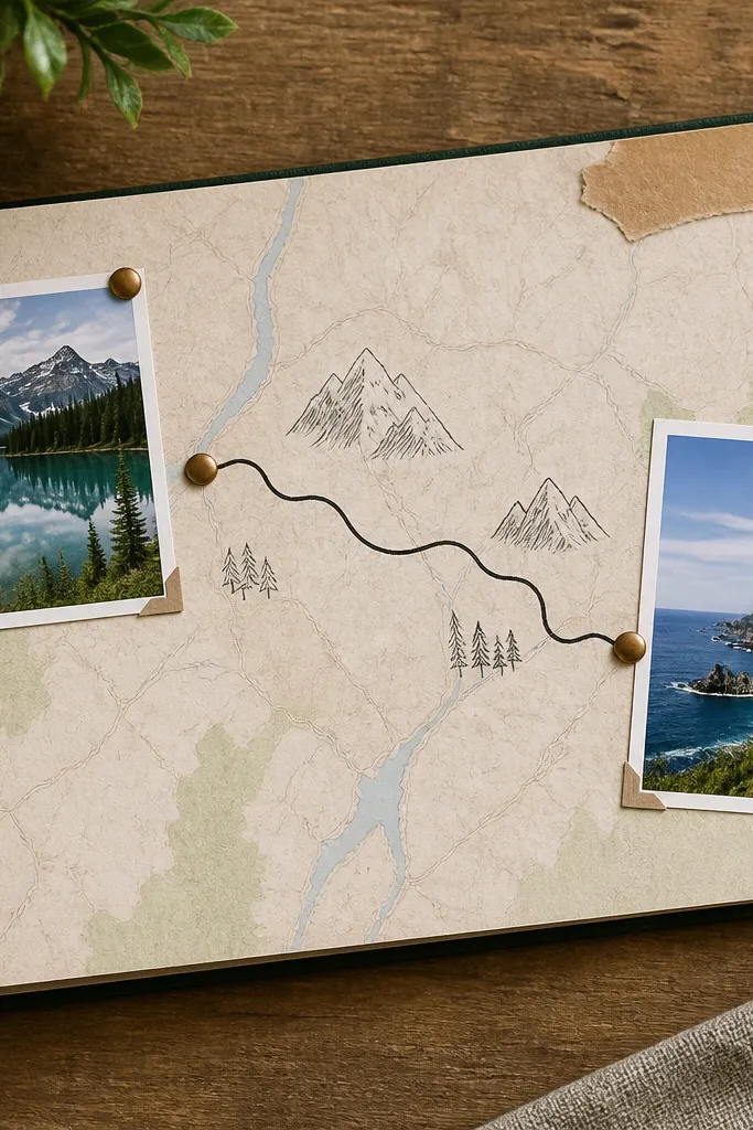 A paper route line drawn across a page with two small pins at endpoints