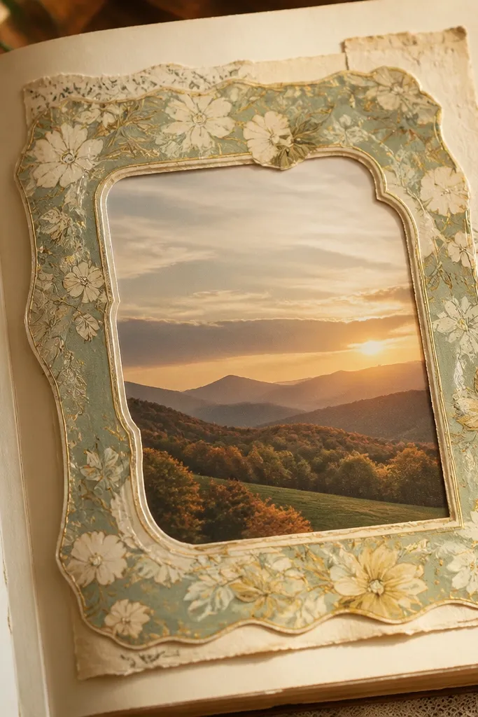 A framed by a cut-out rectangle from old greeting card paper
