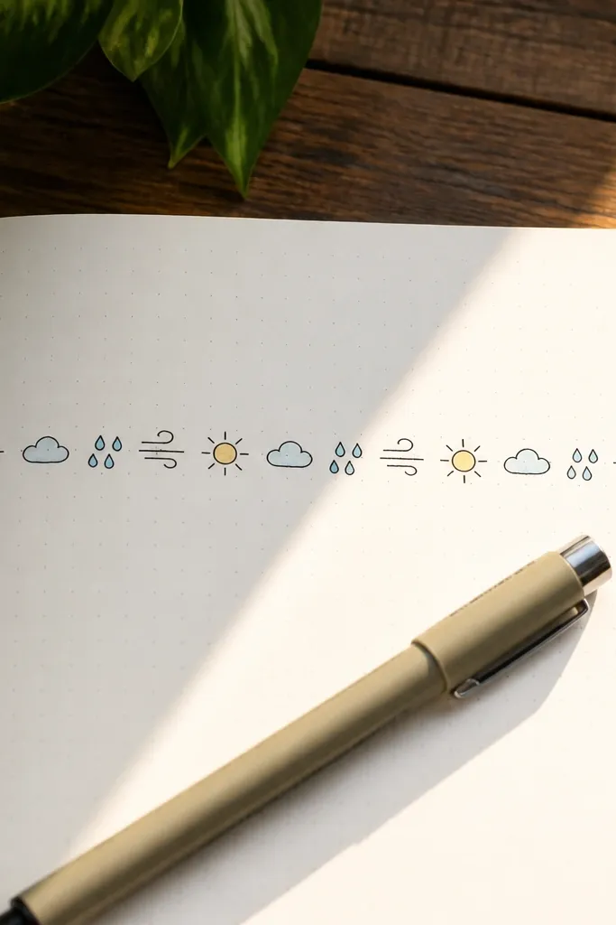 Journal page with a row of simple doodled weather icons and tiny labels.