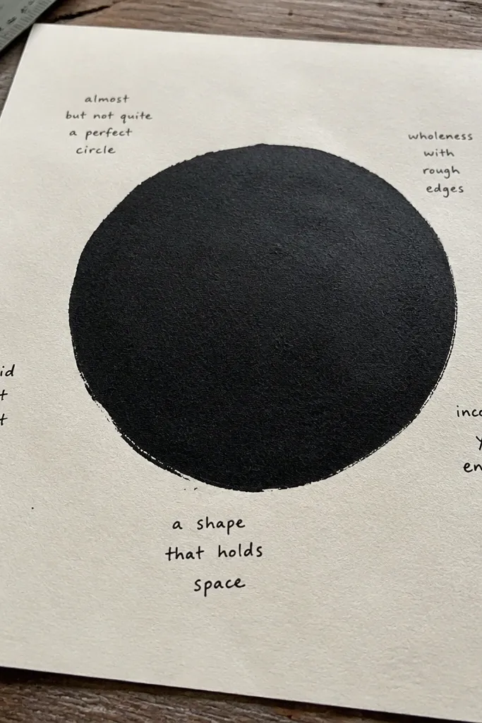 Black ink bold geometric shape centered on white paper with short captions.