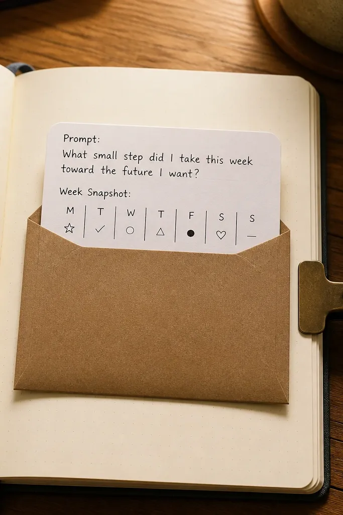 Journal page with a small pocket holding an index card and handwritten notes.