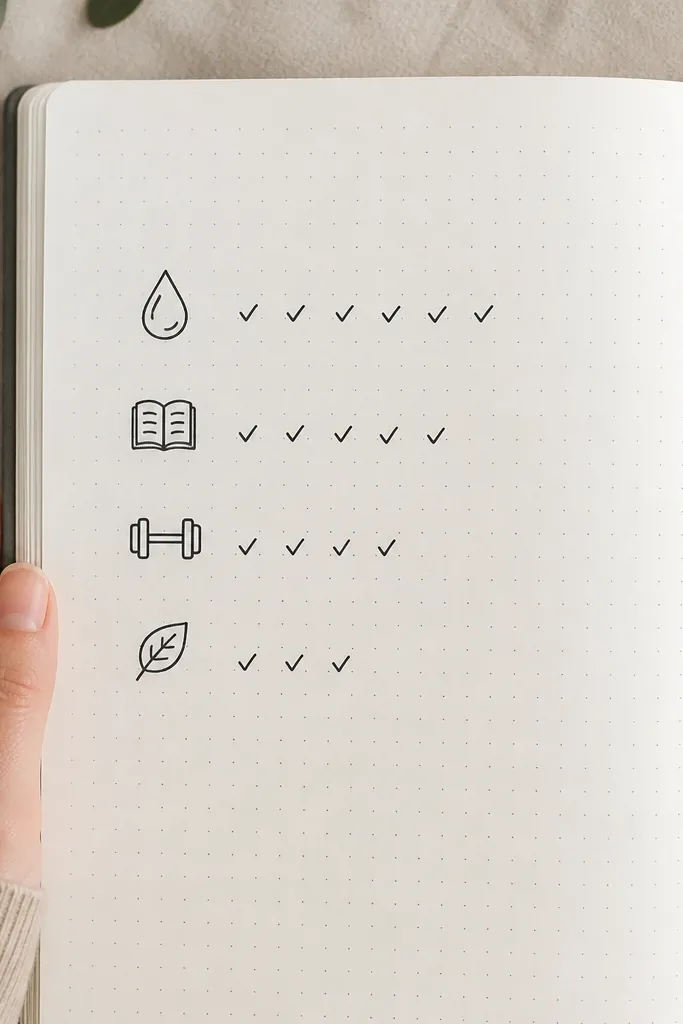 Dot grid habit tracker with small colored icons in each column.
