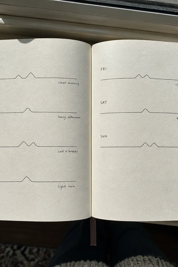 Stack of small skyline drawings with a date on each line.