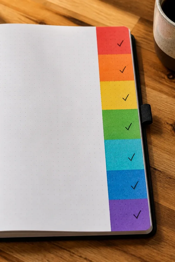 Rainbow mood scale on the margin with checkmarks and short mood labels.