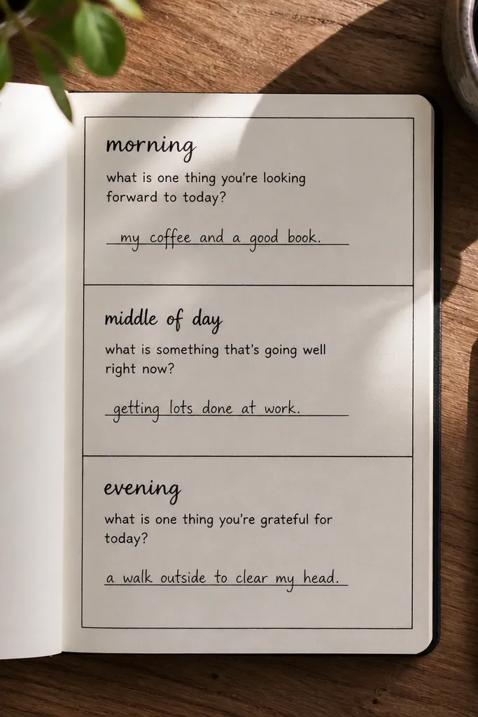 Three equal frames on a page with small notes and a tiny doodle in each.