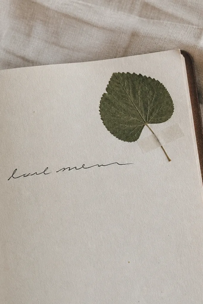 Small pressed leaf in a corner with a short quote written along the margin.