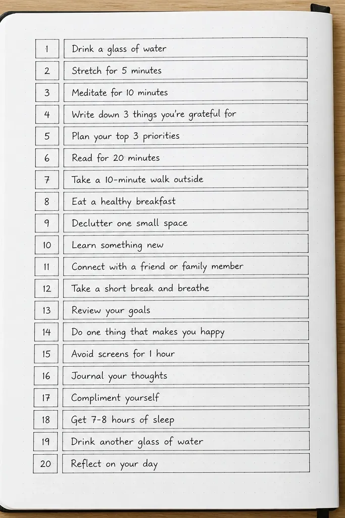 Checklist with numbered squares and two accent colors on a lined page.