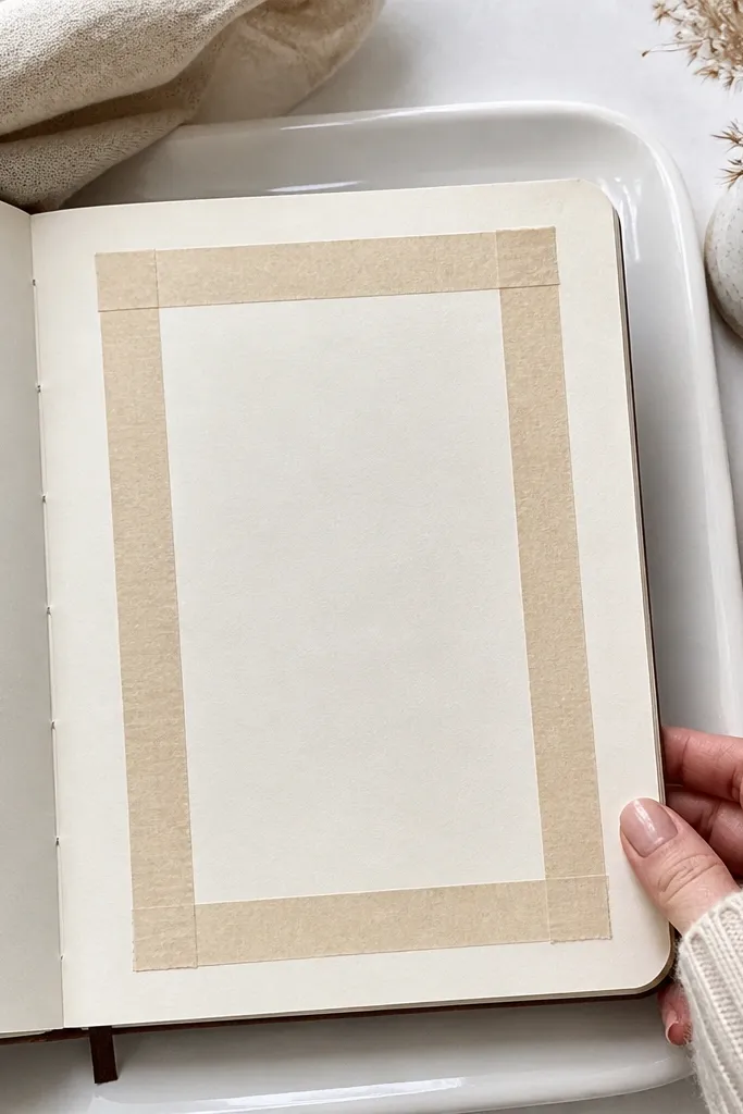 A page with a tape rectangle frame and a bold title inside.