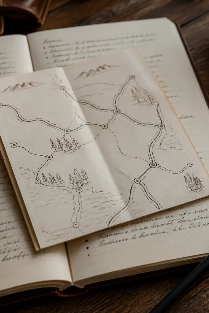 A folded index card map shape with route lines and small labels.