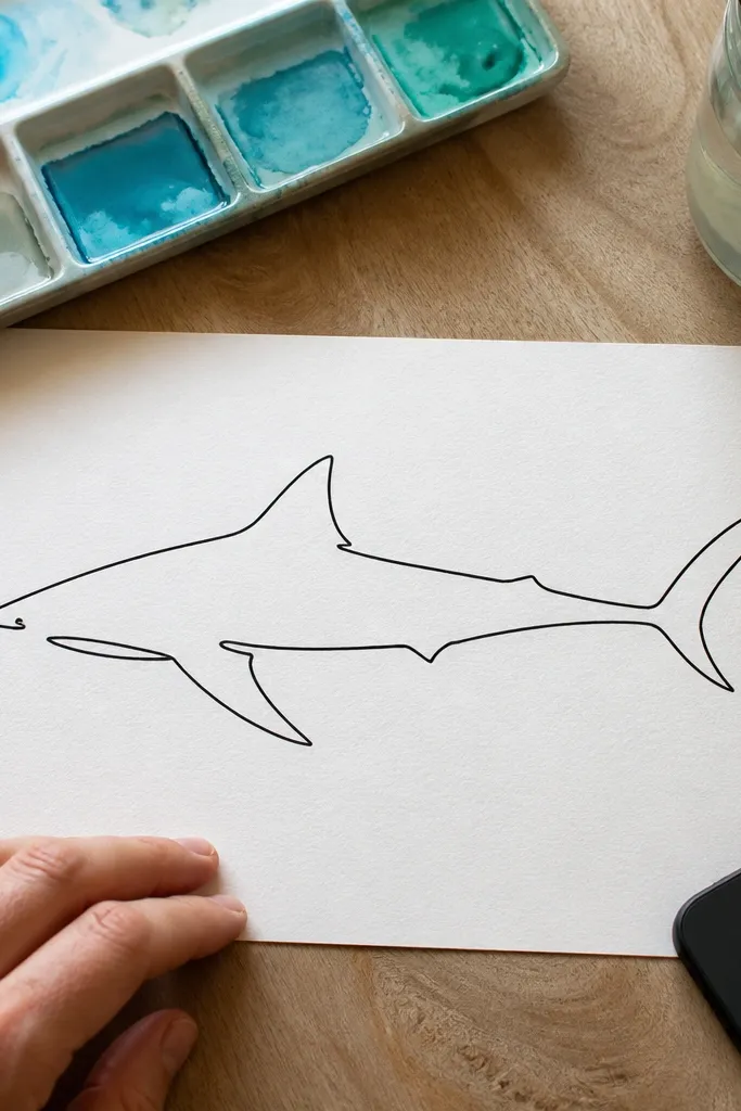 Single continuous line drawing of a shark with a dorsal fin and tail