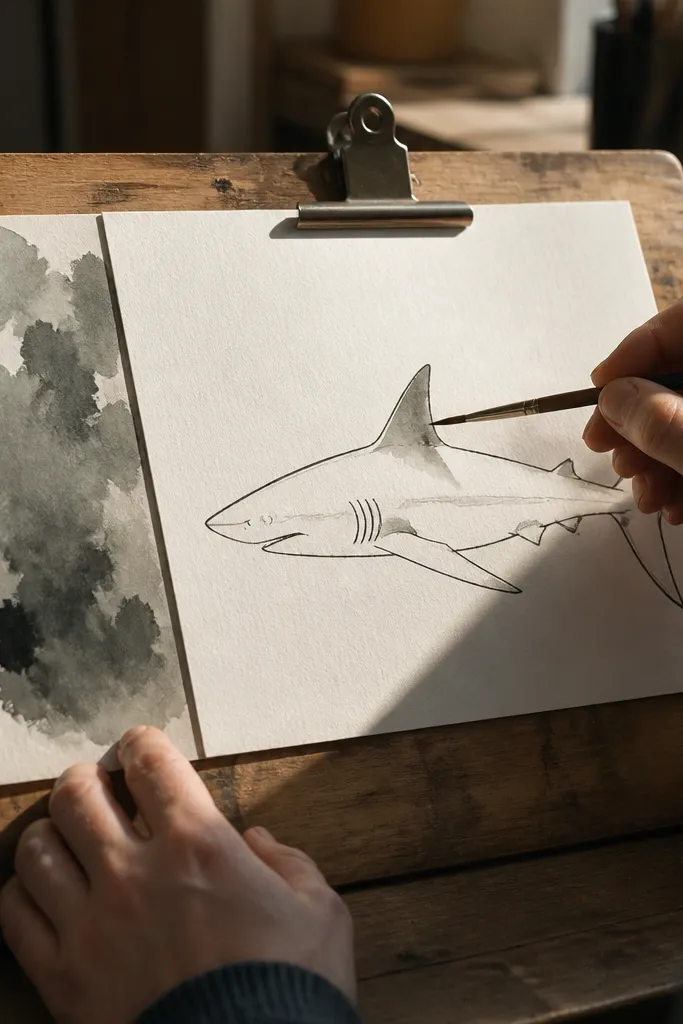 Shark outline with one clear shadow under the dorsal fin