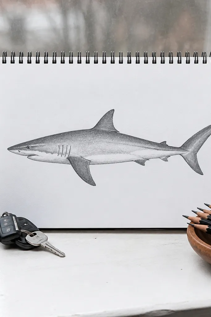 Side profile shark drawing with a small notch on the dorsal fin