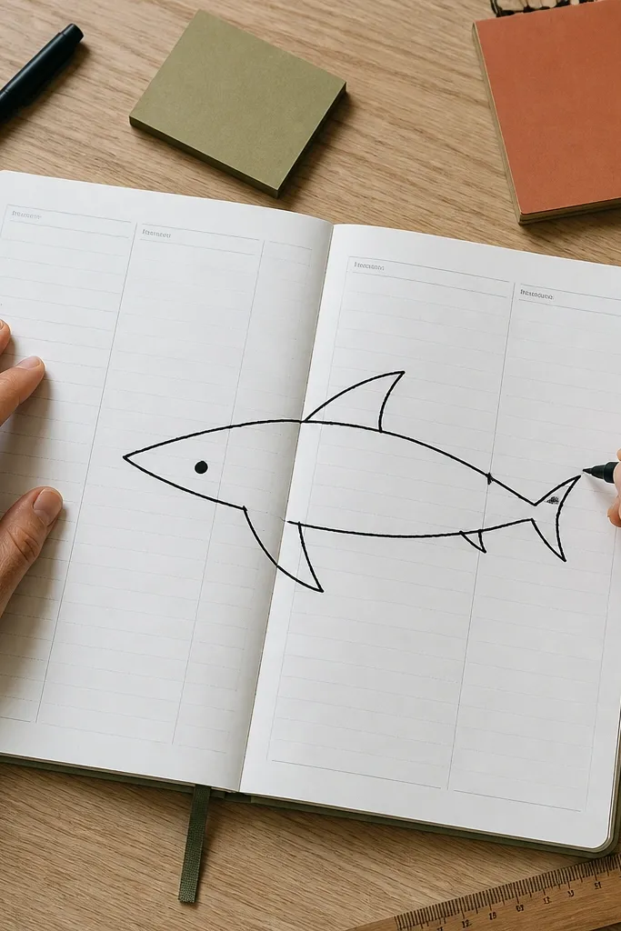 Top-down view shark with bold fin shapes and simple body outline
