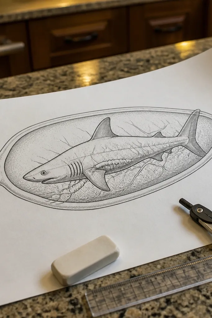 Egg-shaped shark embryo sketch with fin and tail outline lines