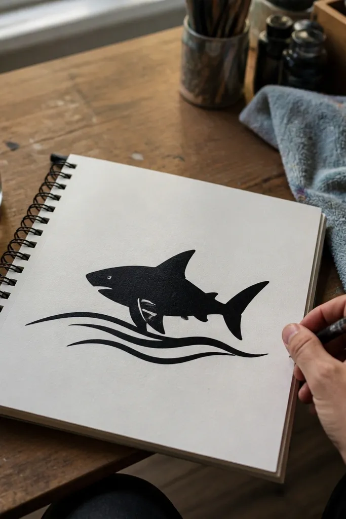 Shark silhouette swimming above three simple wave lines