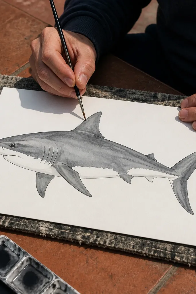 Shark outline with light gray wash and a single bright belly highlight