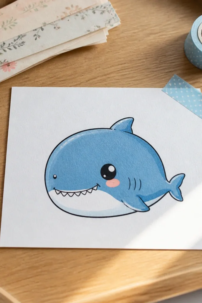 Small cute shark with oversized head, tiny dorsal fin, and simple mouth