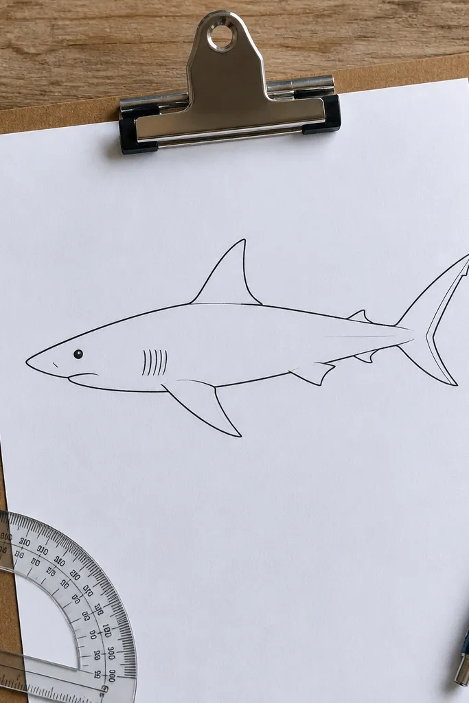 Anatomy-style shark sketch with labeled-looking fin angles and gill slits
