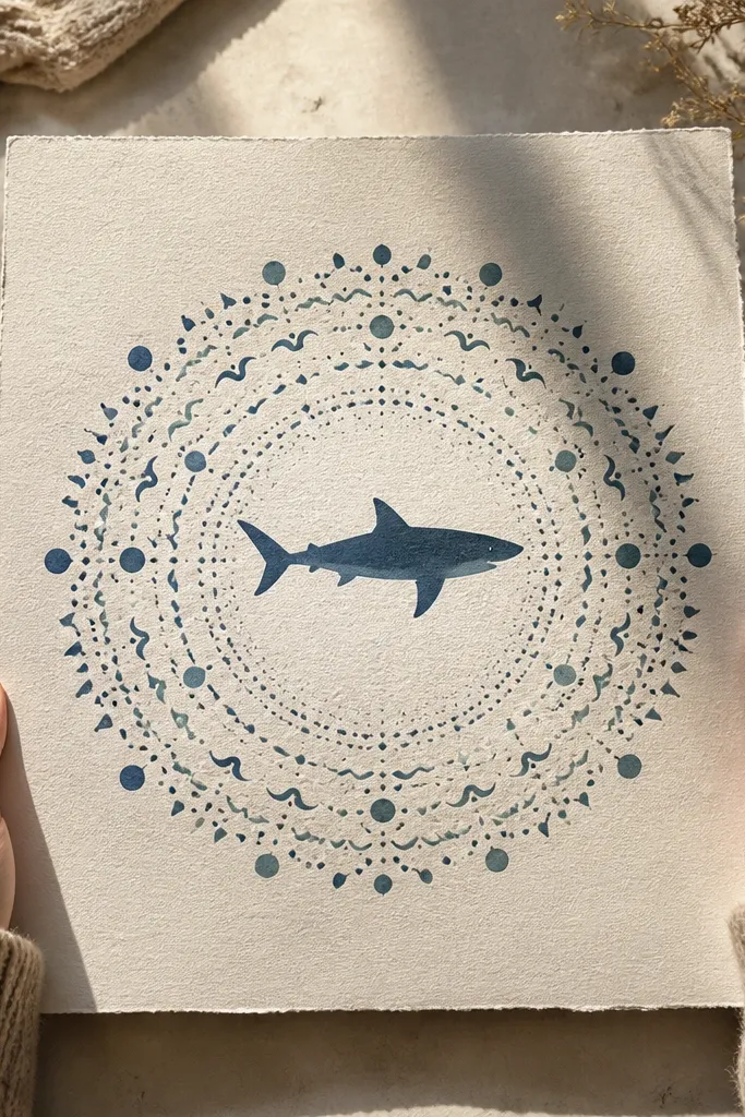 Shark silhouette in the center with repeating wave and dot border